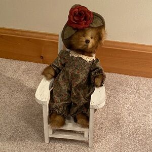 Vintage Teddy Bear with Floral Dress and Hat